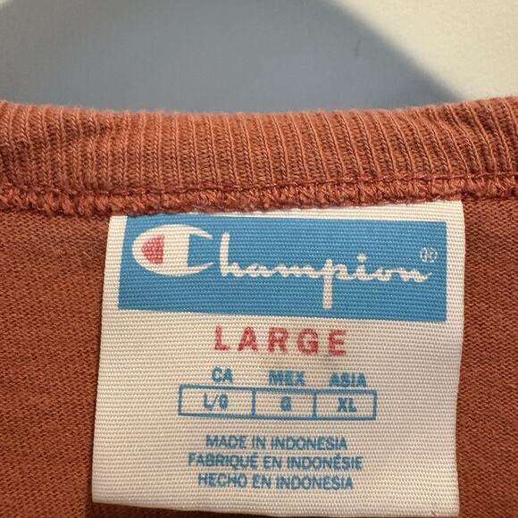 Champion T Shirt Large Terracotta Pink Embroidered Logo Patch Casual Mixed Media - Picture 2 of 13